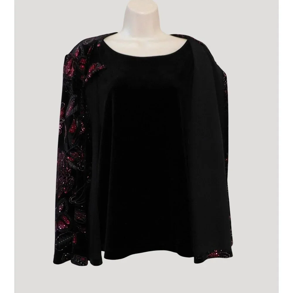 Notations Glittery Jacket XL Black Red Sparkling Floral Print Attached Tank - Picture 5 of 9